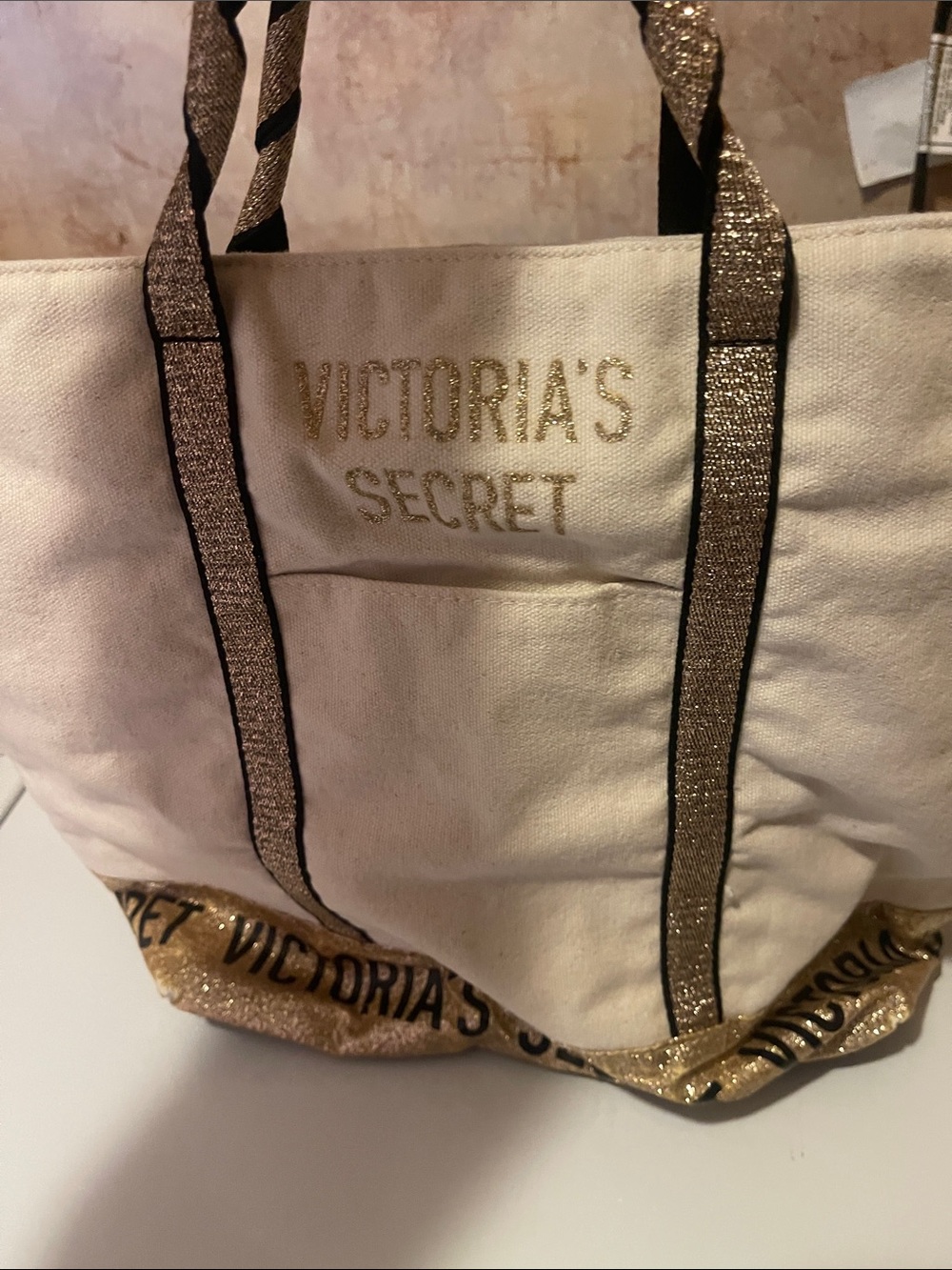 Victoria's Secret Cream Tote with Gold Glitter Accents
